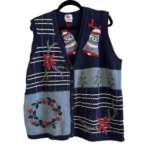 Nutcracker Sweater Vest Women's 1X Blue Christmas Button Up Poinsettia Vintage